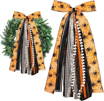 Large Halloween Ribbon Bow for Wreath, Orange Spider Web Fabric Ribbons Set Assorted Ribbons Black White Stripe Plaid