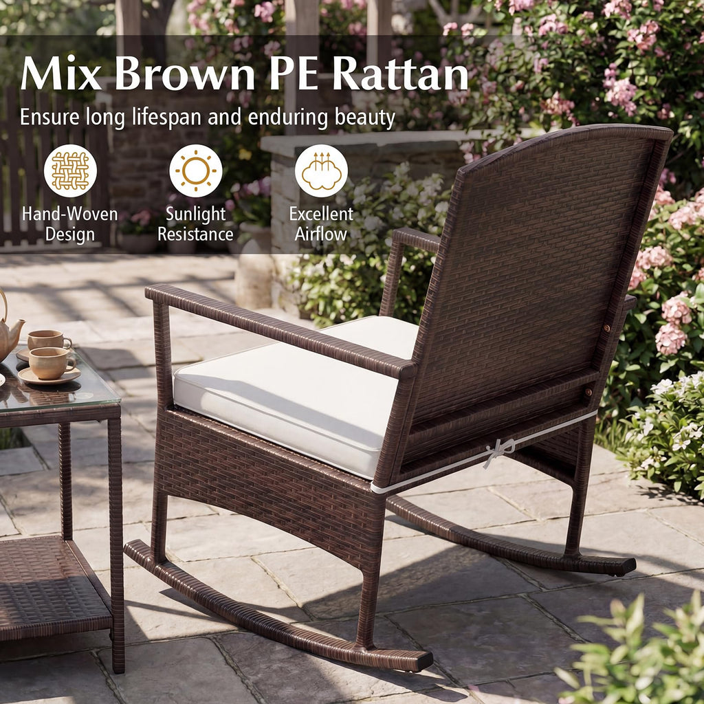 3 Pieces Rocking Wicker Bistro Set, Outdoor Front Porch Rocker Chairs Conversation Set with 2-Tier Tempered Glass