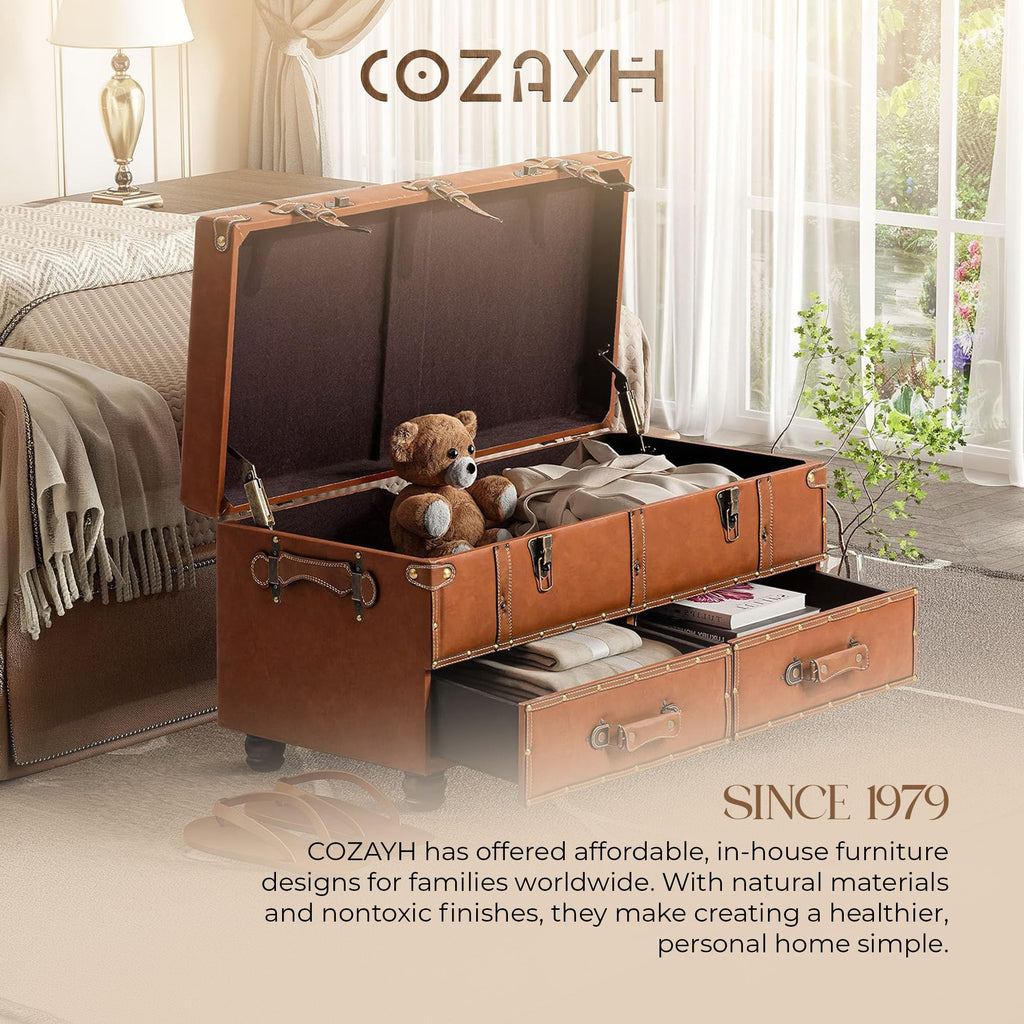 Vintage Faux Leather Storage Ottoman - Orange Accent Bench