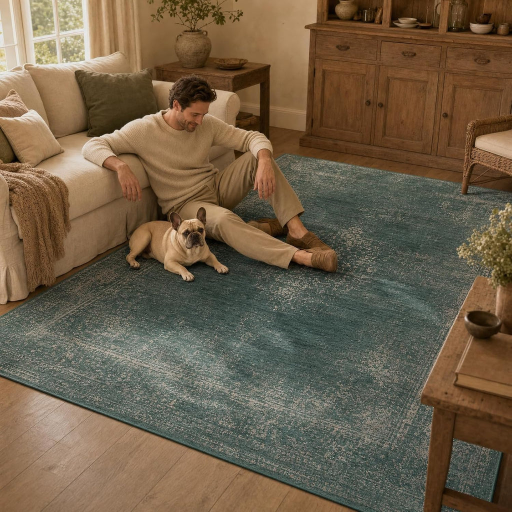 Green Distressed Area Rug 5x7 Vintage Boho Medallion Rugs Washable Bedroom
