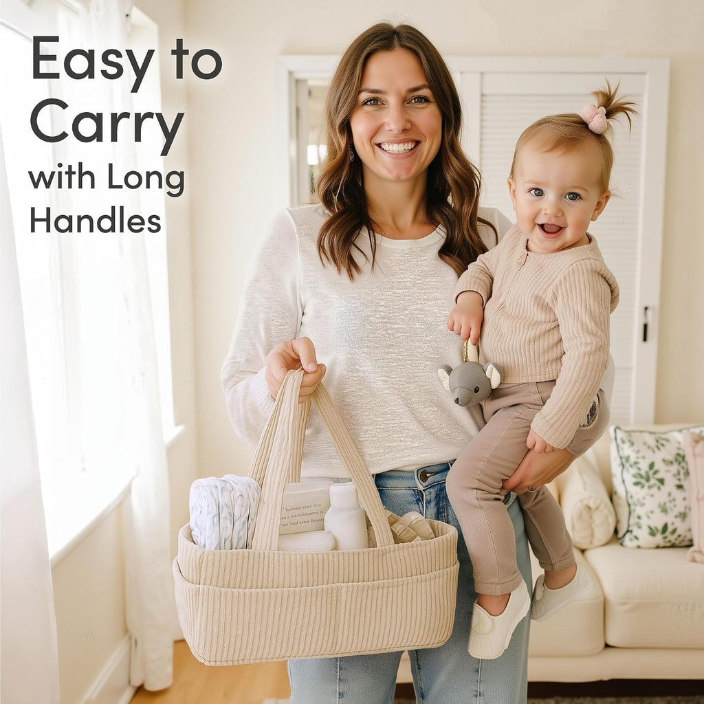 Baby Diaper Caddy Organizer, Nursery Basket (Cream, Corduroy)