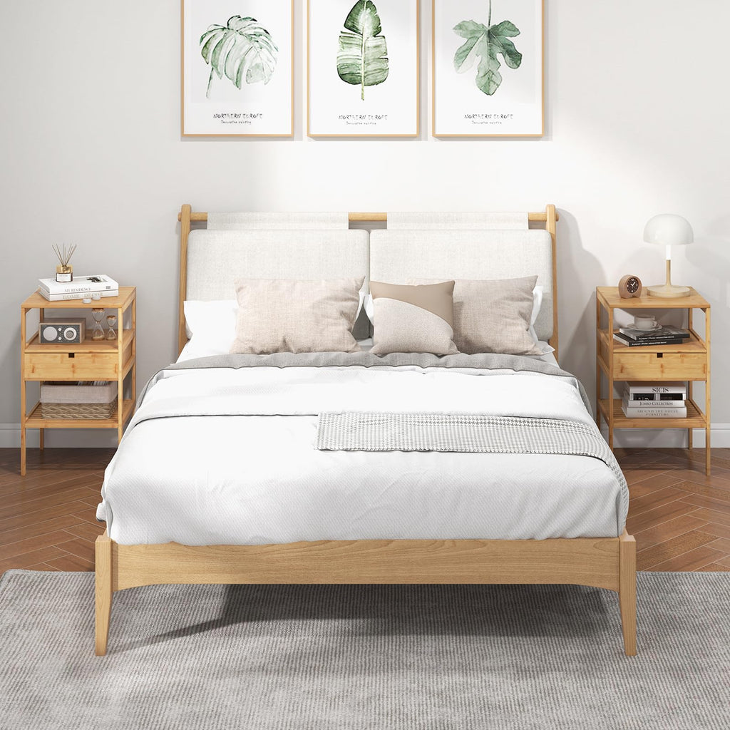 Bamboo Nightstand Set of 2, Wood Side Table with Drawer & Shelf