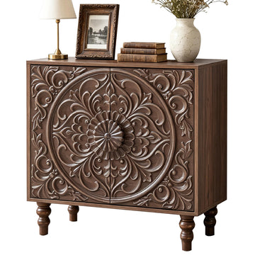 2 Door Carved Floral Accent Cabinet, Vintage Distressed Storage Sideboard