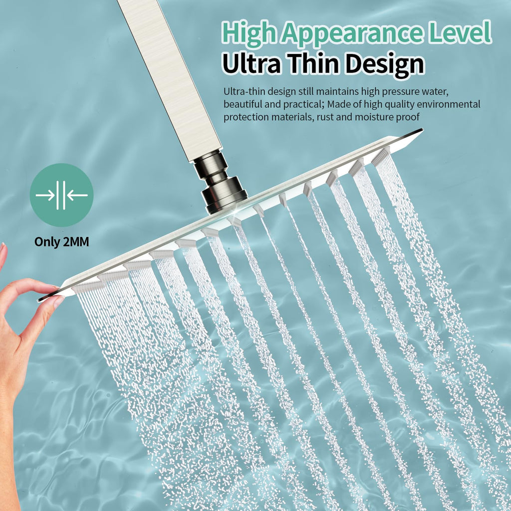 12 Inch Rain Shower Head, High Pressure Rainfall Showerhead Large Waterfall Shower Head Ultra Thin Water Saving