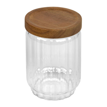 Ribbed Glass Storage Jar with Acacia Lid, Stylish Airtight Kitchen Jars for Dry Ingredients, Tea, Coffee, Sugar