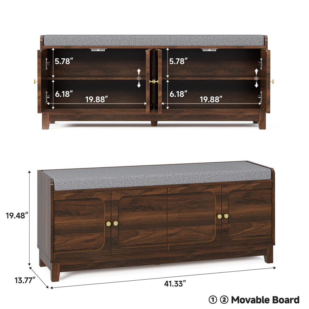 2-Tier Shoe Storage Bench w/4 Doors & Thickened Padded Seat Cushion, Walnut