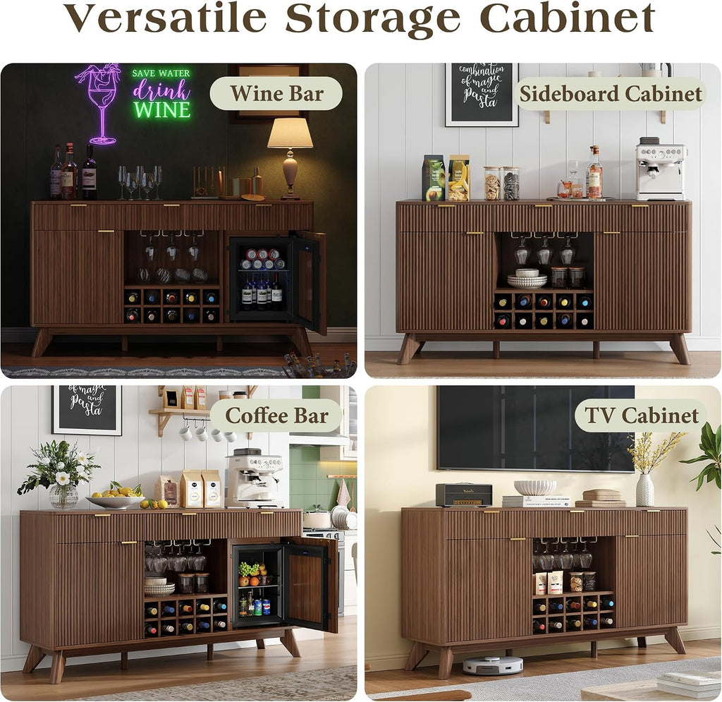 60" Wine Bar Cabinet, Coffee Bar Cabinet with Fridge, Sideboard Cabinet | Waveform Fluted Door, Adjustable Shelves, 3