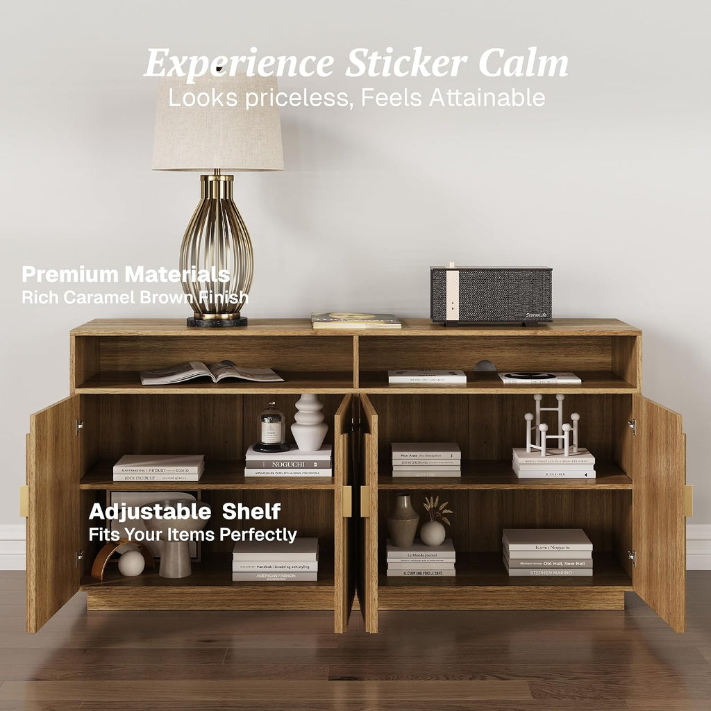 65-inch Fluted Sideboard with Open Shelf, Mid Century Modern Sideboard with Adjustable Shelves & Cable Management