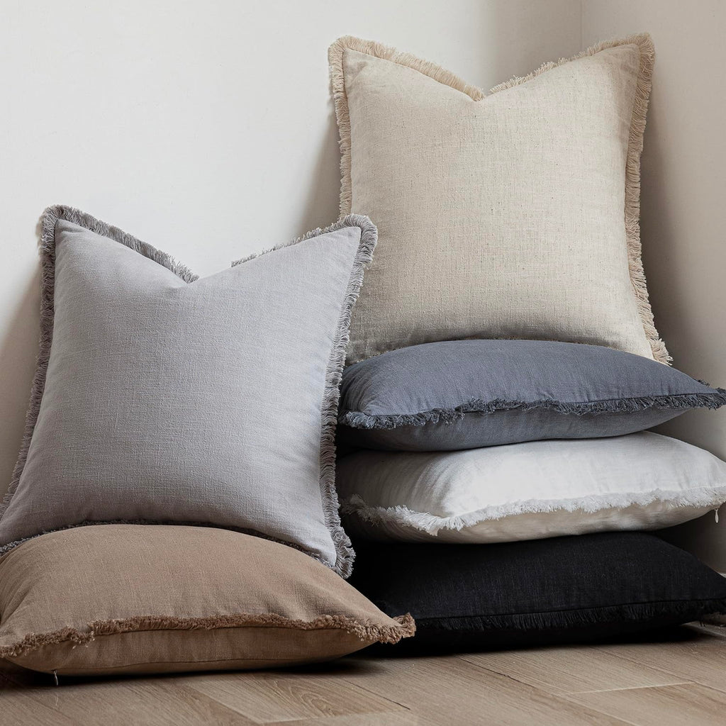 Boho Linen Fringe Lumbar Throw Pillow Covers 12×24 Light Gray