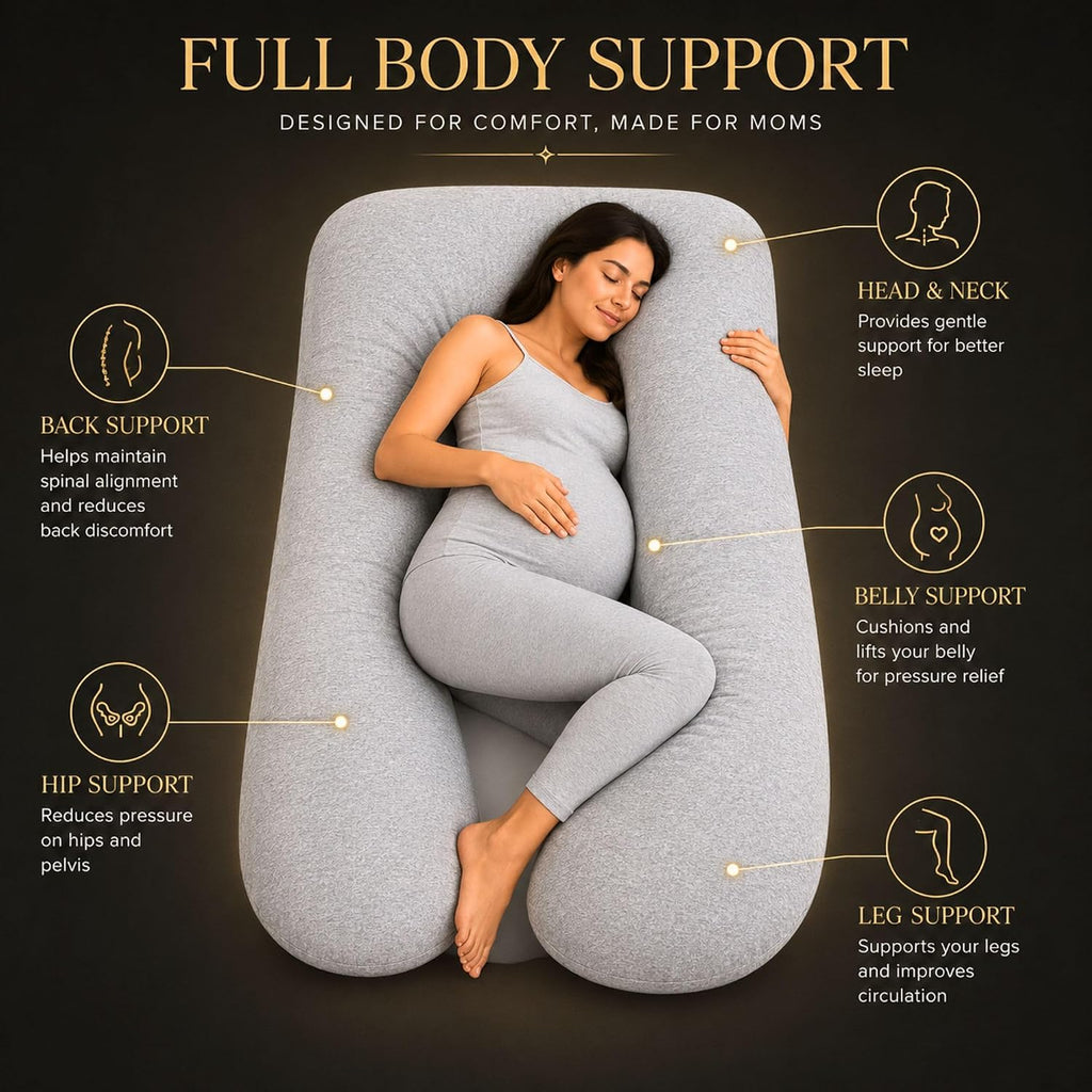 U-Shaped Pregnancy Pillow - 100% Cotton Cover, Full Body Maternity Support for Belly, Back and Legs - Bonus Eye Mask