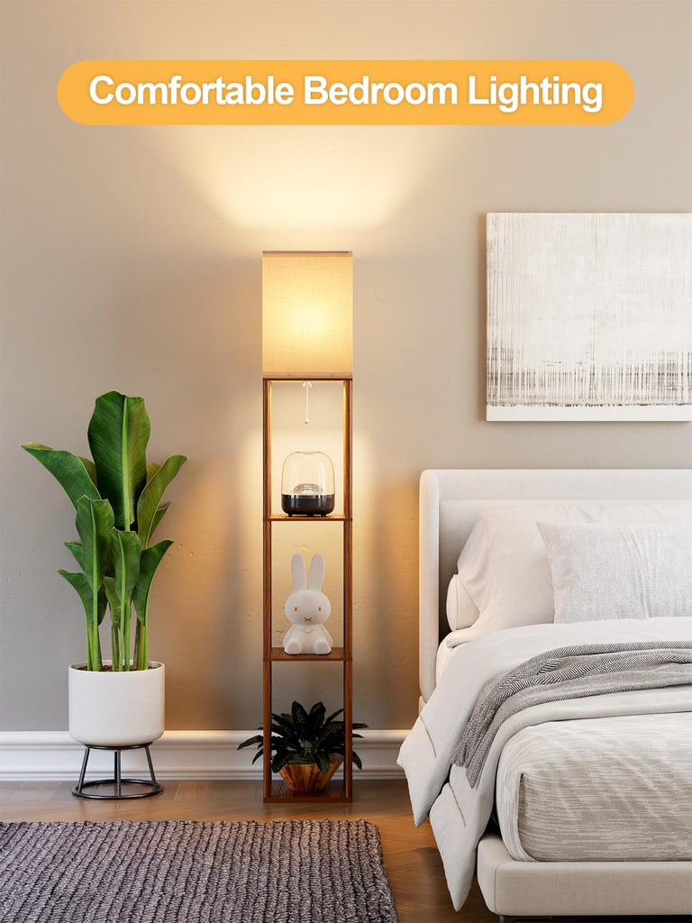 Floor Lamp with Shelves Walnut Brown, Shelf Floor Lamp with 3 CCT LED Bulb, Corner Display Standing Column Lamp