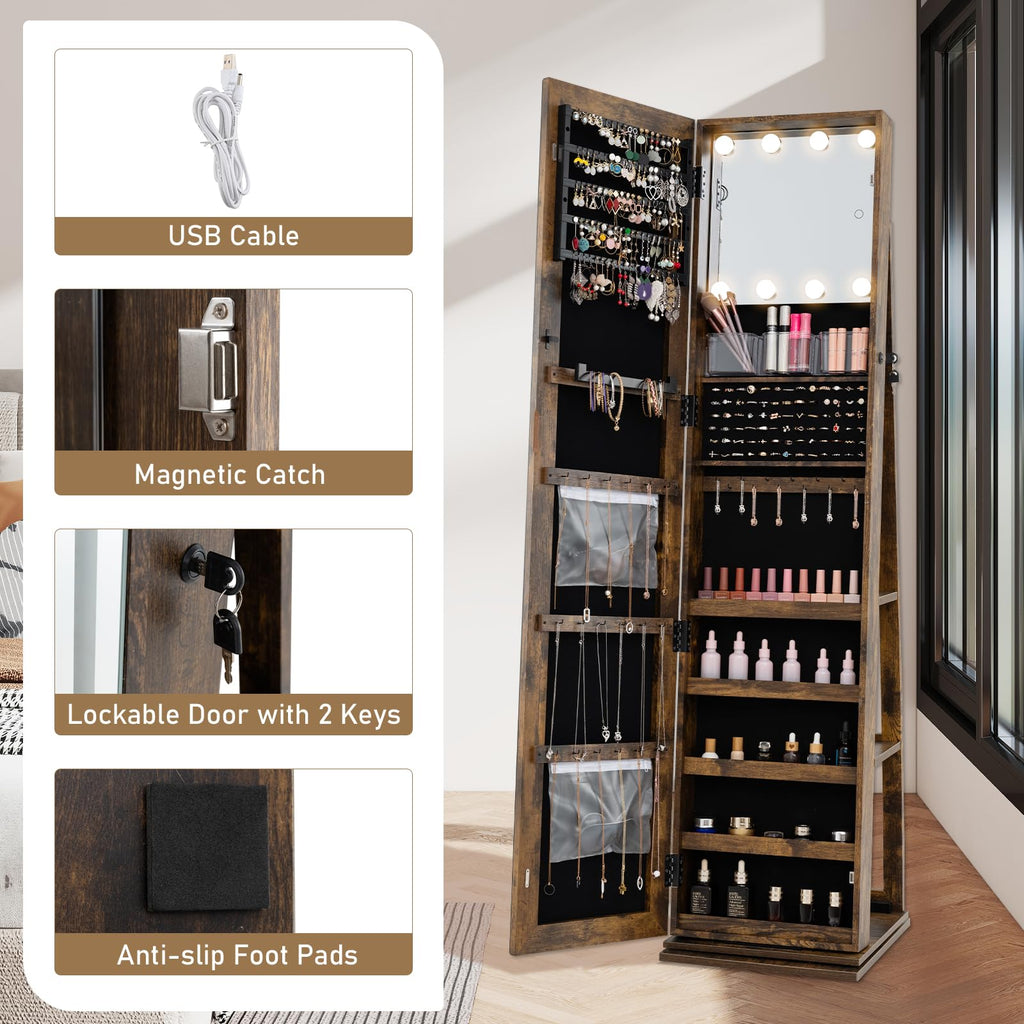 Swivel Jewelry Armoire with Full-Length Mirror & Lighted Makeup Mirror, 360° Rotating Jewelry Cabinet Organizer for