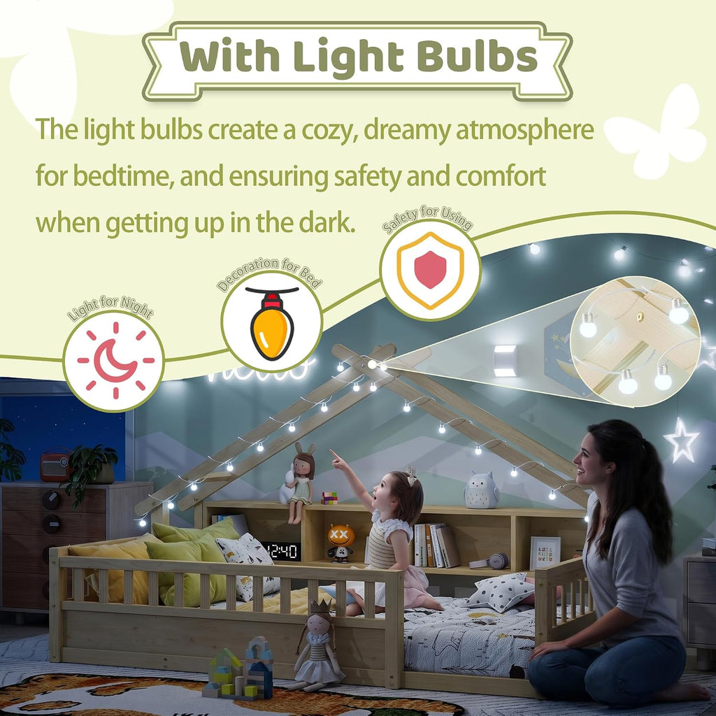 Floor Bed with Storage Bookshelves and Light, Wooden Montessori House Bed Frame with Roof Shape, High