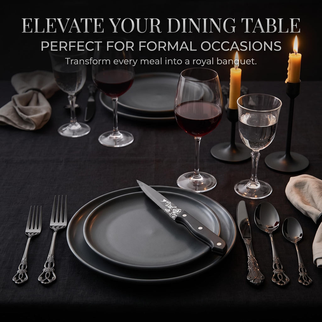 Black Silverware Set For 8, 48 PCS Retro Royal Silverware Flatware Set with Black Spoons Forks Knives Set, Mirror