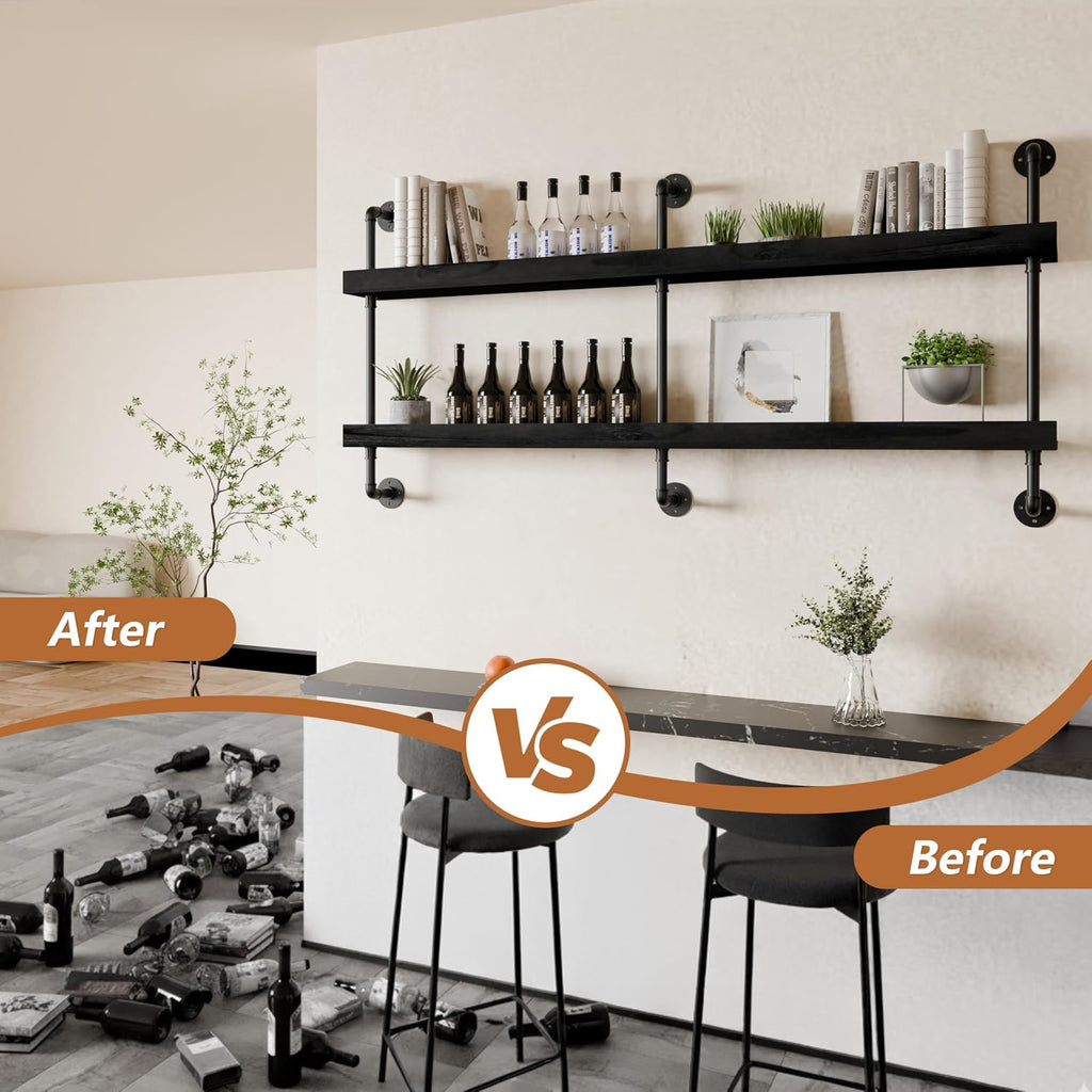 Bar Shelves, Wall Mounted Wine Rack, Black, 60 Inch | 2 Tier, Industrial, Solid pine shelves, black pipe brackets, 70