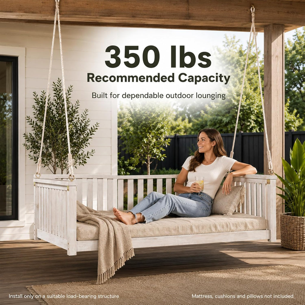 Outdoor Porch Swing Bed, Twin Size Acacia Wood Hanging Daybed with Hemp Ropes, Minimalist Patio Swing Bed for Garden
