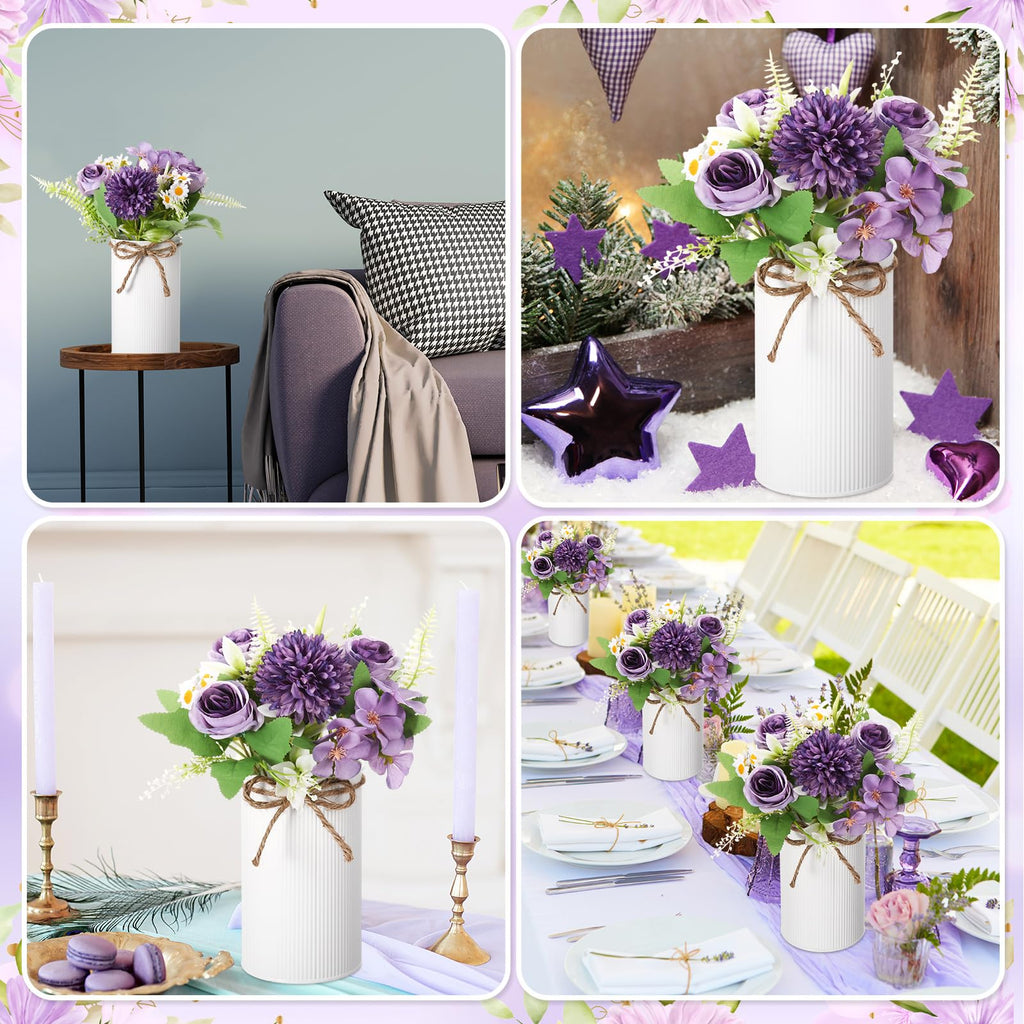 6 Sets Wedding Centerpiece for Table Decoration Dark Purple Artificial Fake Rose Flower with Metal Vase Faux Silk