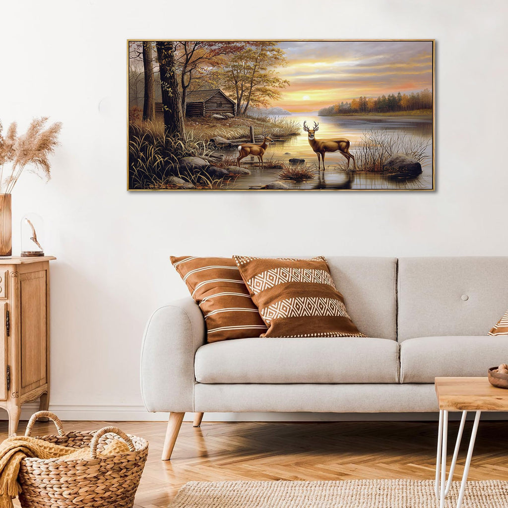 Deer Pictures Wall Decor - Autumn Rustic Forest Cabin Painting Prints Wildlife Pictures Animal Elk Poster Canvas Wall