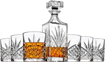 Whiskey Decanter and 6 Whiskey Glasses Bar set, for Liquor Scotch Bourbon Wine - Dublin Crystal Collection - Set of 7