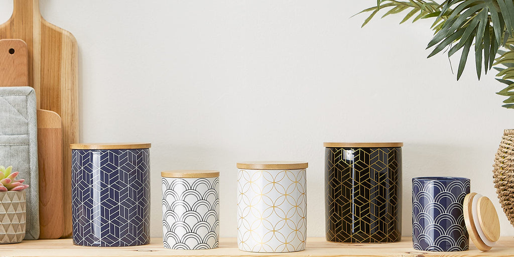 Kitchen Ceramics Collection, Canister Set, Mixed Print, White/Gold, 3 Piece