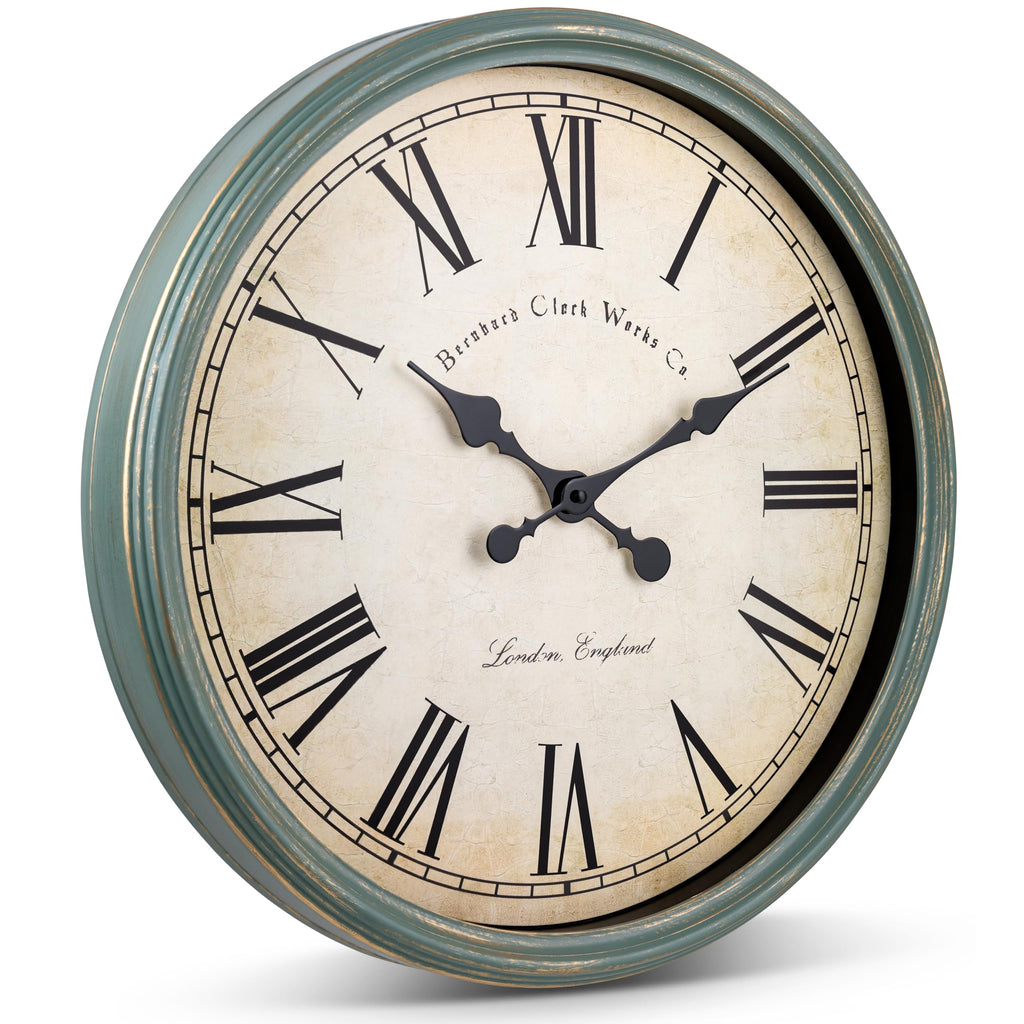 Large Decorative Wall Clock 20 Inch Silent Non Ticking Battery Operated Quartz Vintage Stylish with Rustic Green Rim