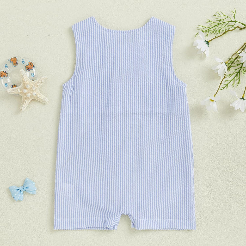 Newborn Baby Boys Sleeveless Seersucker Romper One Piece Straps Overalls Striped Jumpsuit Summer Smocked Clothes