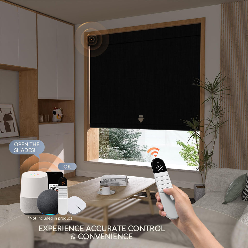 Motorized Roller Blind with Remote, No Drill Smart Roller Shades for Indoor Window, Blackout Linen Fabric