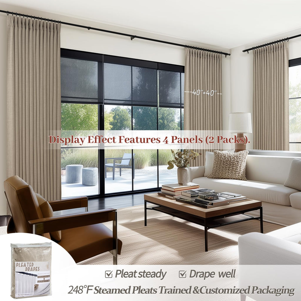 Blackout Extra Long Floor to Ceiling 132 Inch Curtains 2 Panel Set, Warm Beige Memory Shape Pinch Pleat Natural Linen