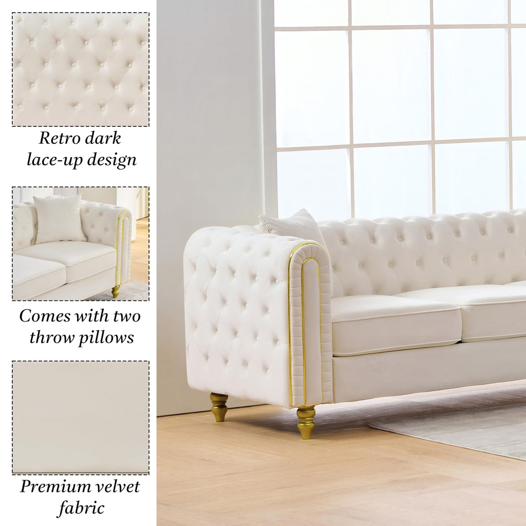 Chesterfield 63" Loveseat White Velvet Sofa, 2-Seater Couch Comfy Velvet Sofa, Button Tufted Rolled Arms and Gold