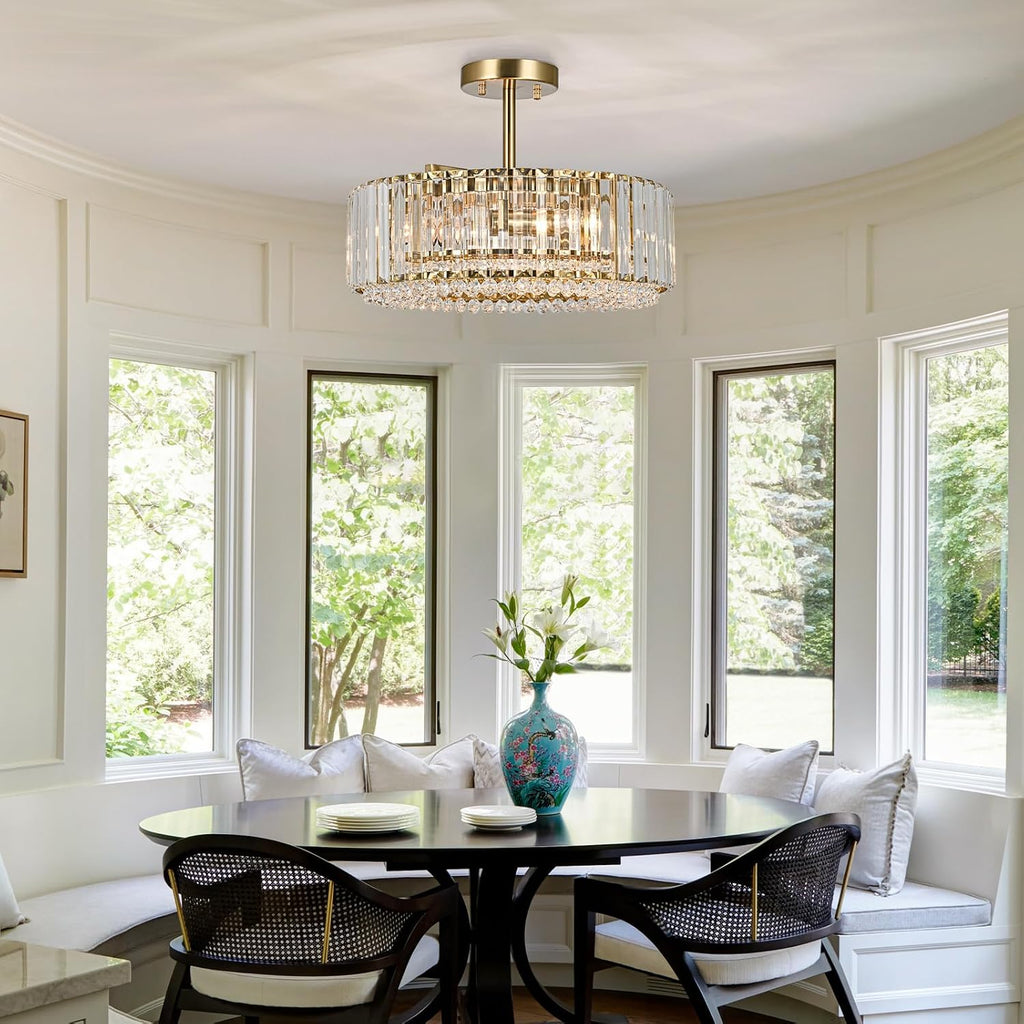 15.8" Modern Crystal Chandelier Gold Round Semi Flush Mount Ceiling Light Fixture Chandelier for Living Room Dining