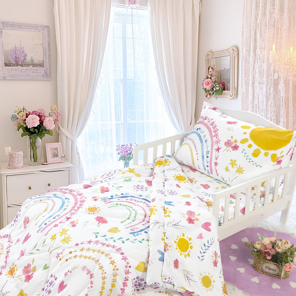 Toddler Bedding Set for Girls, 4 Piece Soft & Breathable Rainbow & Sun Crib Bedding Set, Bed-in-A-Bag Toddler