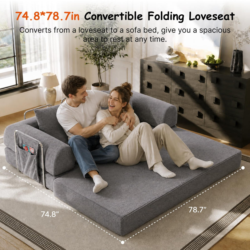 78" Convertible Sofa Bed, Corduroy Pull Out Couch with Fixed Frame & Pocket