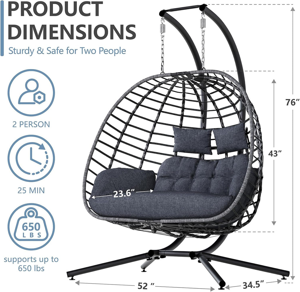 Double Egg Swing Chair with Stand, Outdoor Patio 2 Person Hanging Wicker Hammock Chairs with Cushion for Indoor