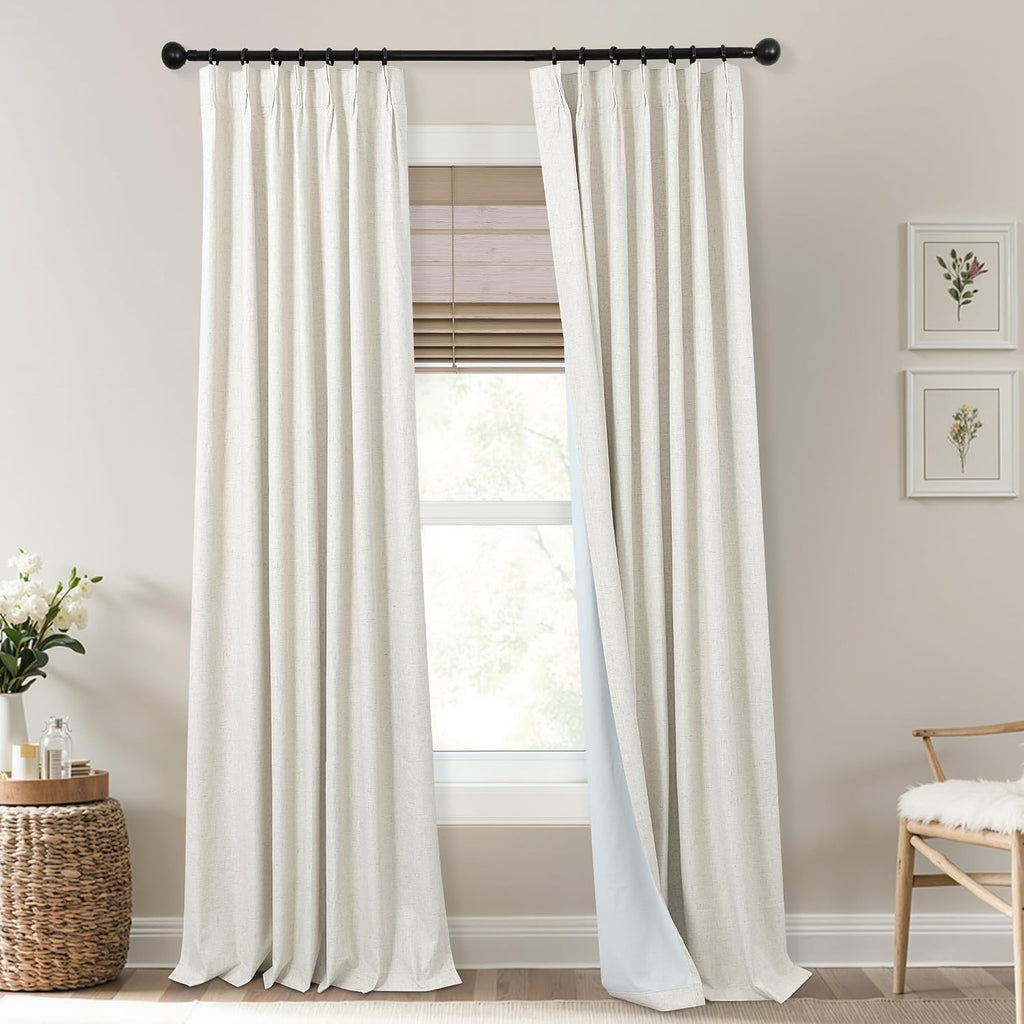 Pinch Pleated Linen Blackout Curtains 96 Inch Long 2 Panel Set, Floor to Ceiling Thermal Insulated Heat Blocking