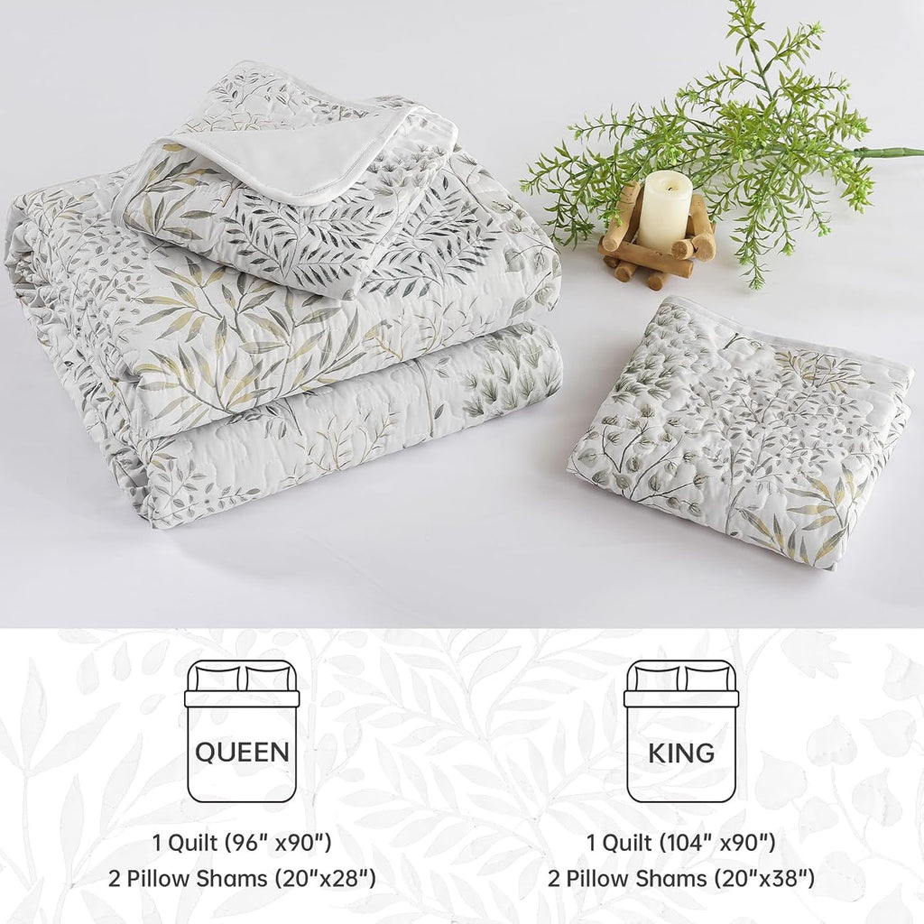 King Quilt Set, 3 Pieces White Floral Bedspread Coverlet Set, Farmhouse Botanical Bedspreads Bed Cover,Soft
