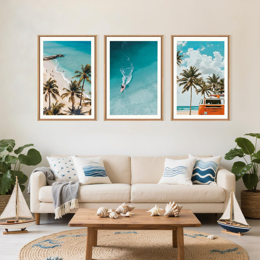 Large Nature Surfboard Beach Framed Canvas Wall Art, Summer Ocean Surfing Wall Decor, Palm Trees Wall Painting, Modern