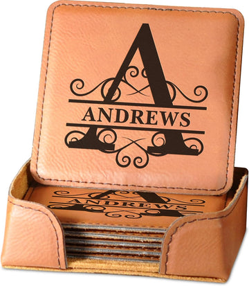 Personalized Leatherette Coasters Engraved Name Monogram Coasters with Holder - Custom Gifts for Men - Set of 6