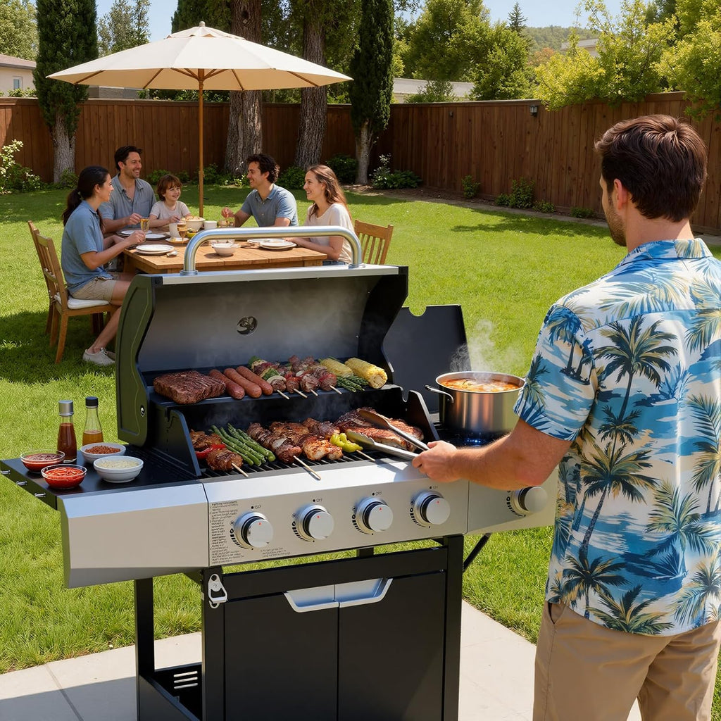 4-Burner Propane Gas Grill, 51,000 BTU Stainless Steel BBQ Grill with Side Burner, 452 Sq. In. Cooking Area and Porcelain Grates for Outdoor Cooking