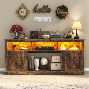 Farmhouse TV Stand for 70/75/80 Inch TV, 32"Tall Entertainment Center w/LED Light, Large Media Console Cabinet w/Barn
