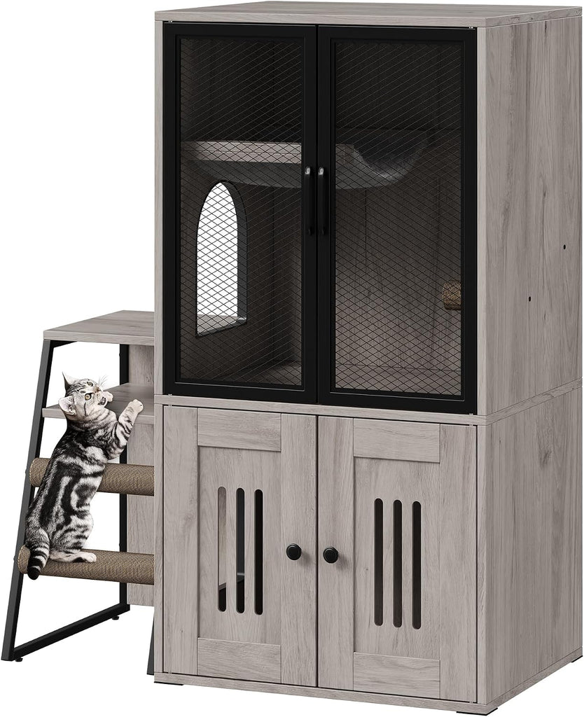 Cat Litter Box Furniture, 2 Tier Enclosed Litter Box Furniture with Doors, Hidden Storage and Ladder, Grey