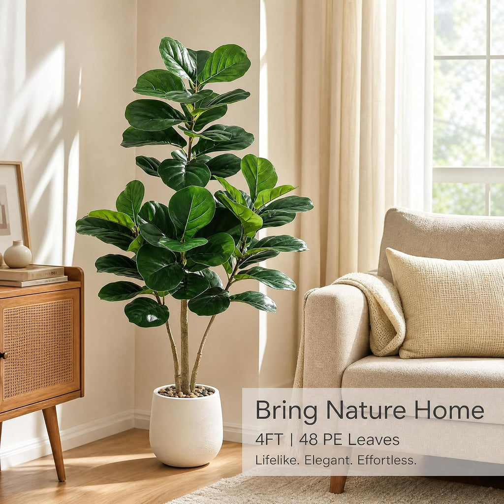 4 ft Artificial Fiddle Leaf Fig Tree, Realistic Faux Ficus Lyrata with 48 Leaves, PE & PVC Potted Floor Plant Living