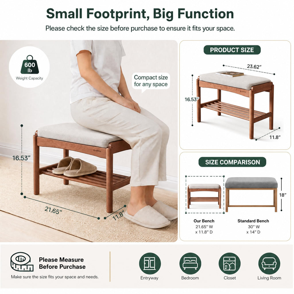 Solid Wood Shoe Bench, 24 Inch Entryway Bench with Light Gray Cushion