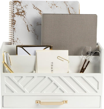 White Wooden Desk Organizer & Mail Organizer with Drawer & Gold Handle | Mail Sorter Countertop | 6 Compartments |