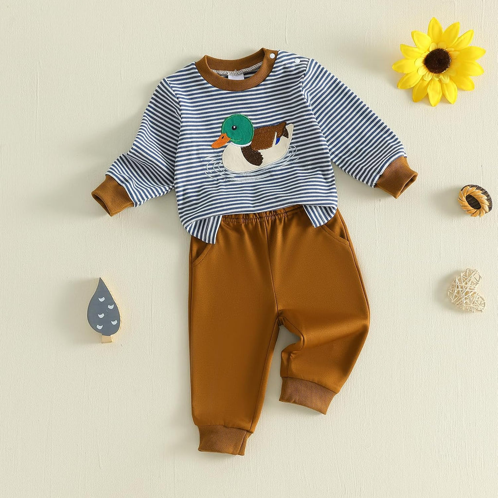Toddler Boy Fall Outfits Duck Embroidery Baby Sweatshirt Pants Set