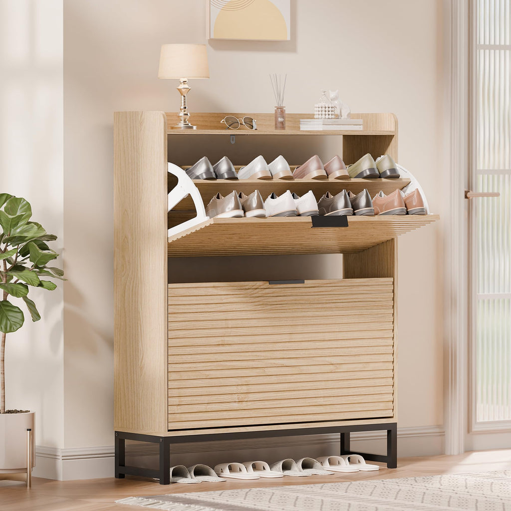 MU Shoe Storage Cabinet with 2 Flip Drawers, Freestanding Fluted Shoe Cabinet, Narrow Wood Shoe Cabinet, Hidden Shoe