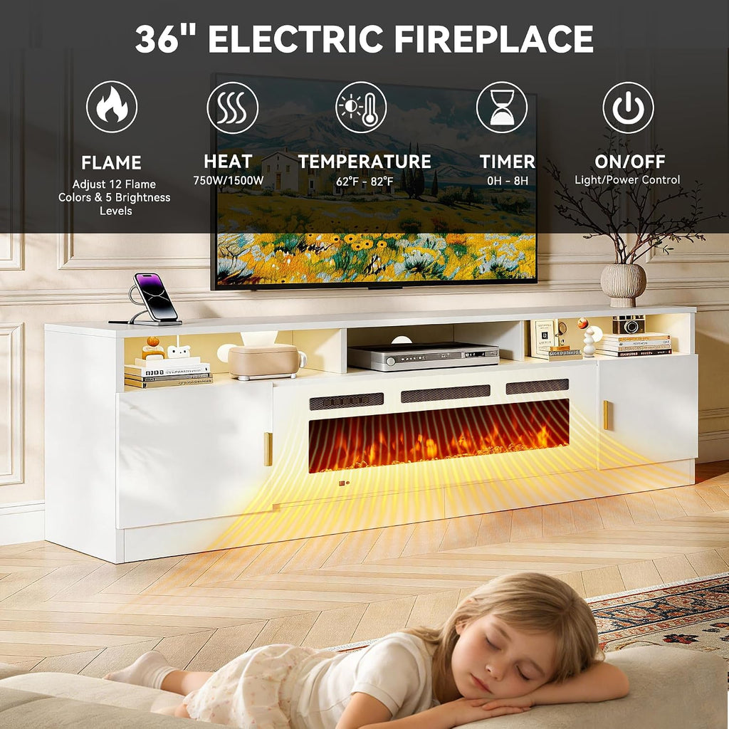 80" Fireplace TV Stand with Power Outlet, Electric Fireplace Entertainment Center with Storage Cabinets, Fits TVs up