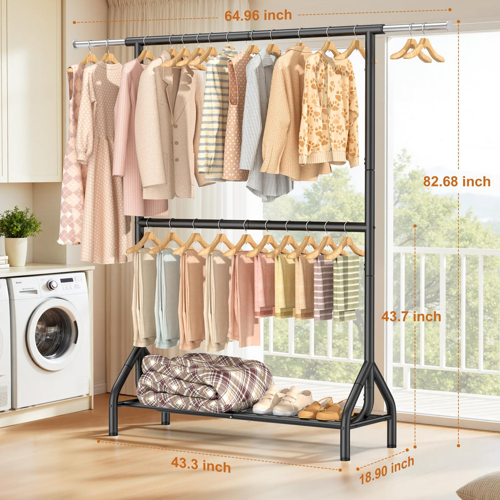 Double Rod Clothing Rack Load 622 LBS, Heavy Duty Clothes Rack for Hanging Clothes, 82.68 inch High Garment Rack with