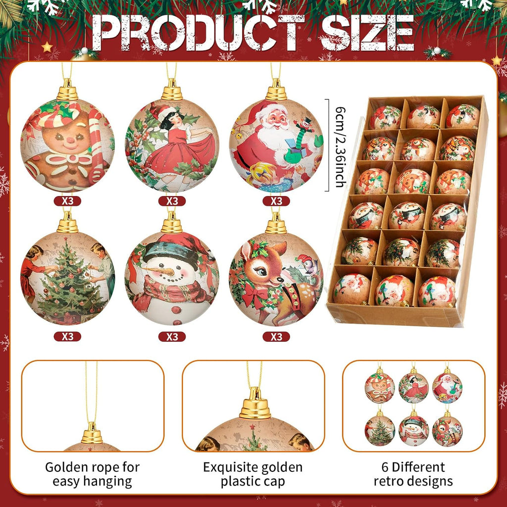 Vintage Christmas Ornaments Retro Style 2.36 Inch Balls - Set of 18