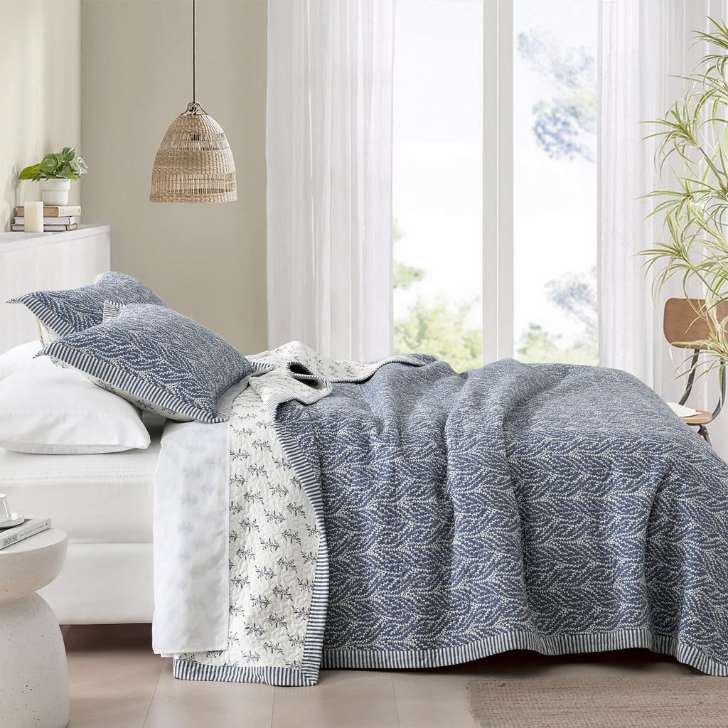 Quilt Set, 100% Cotton Quilt Bedding Set Bedspread, Botanical Pattern Solid Color Chic Lightweight Quilted
