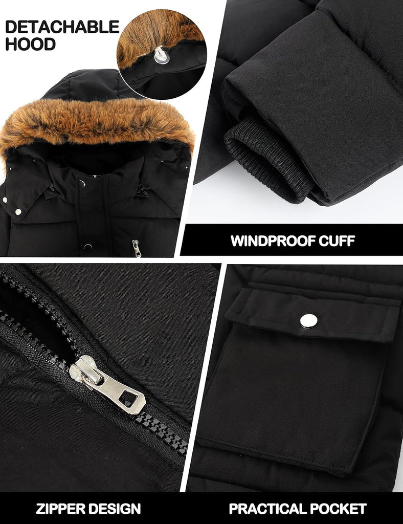 Boys' Winter Puffer Jacket Warm Thickened Fleece Lined Kids Parka Coat with Faux Fur Hood